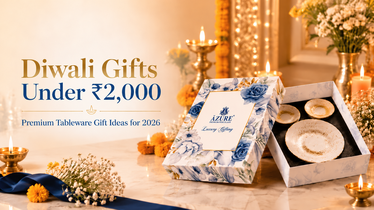 Premium tableware gift set with floral packaging and porcelain bowls displayed with festive diyas and decorations for Diwali gifting under ₹2,000 in 2026.
