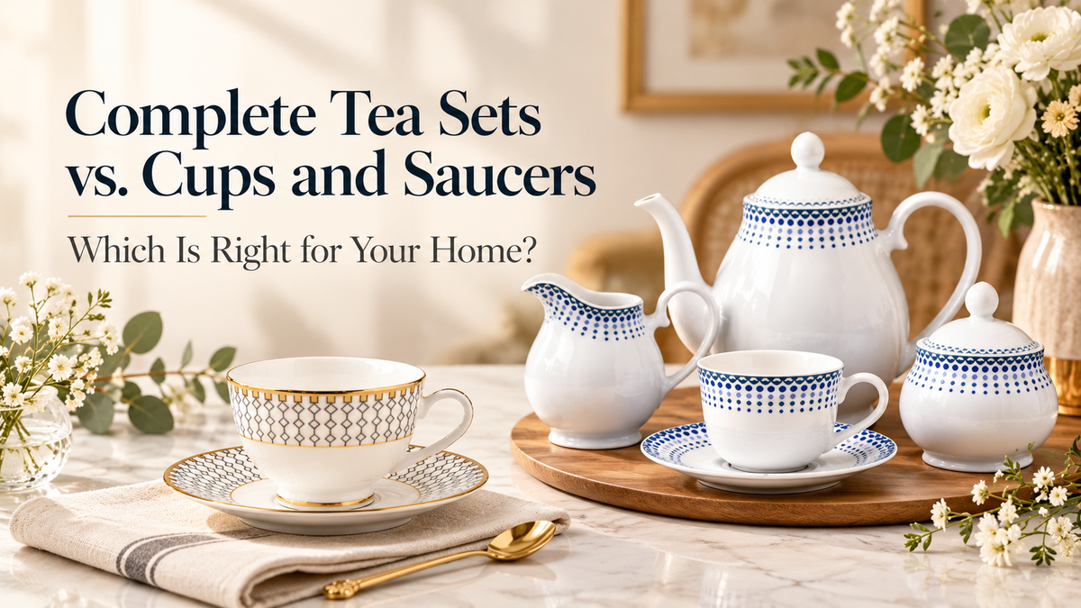 Luxury white-and-gold porcelain cup and saucer alongside a blue-patterned complete tea set featuring a teapot, milk jug, sugar bowl, and teacup on an elegant dining table.