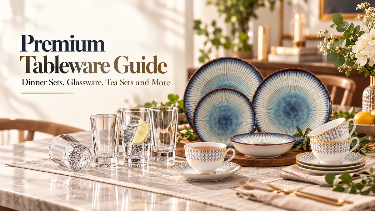 Premium tableware collection featuring blue ceramic dinner plates, elegant glassware, and white-and-gold porcelain tea cup sets, arranged on a luxury dining table for The Azure Collection