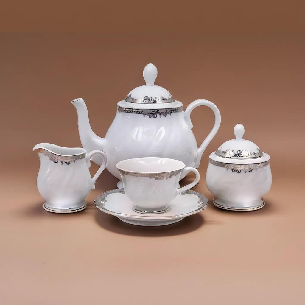17-Piece Tea Set - Platinum Trim - Contemporary Formal Tea Service - Premium Porcelain