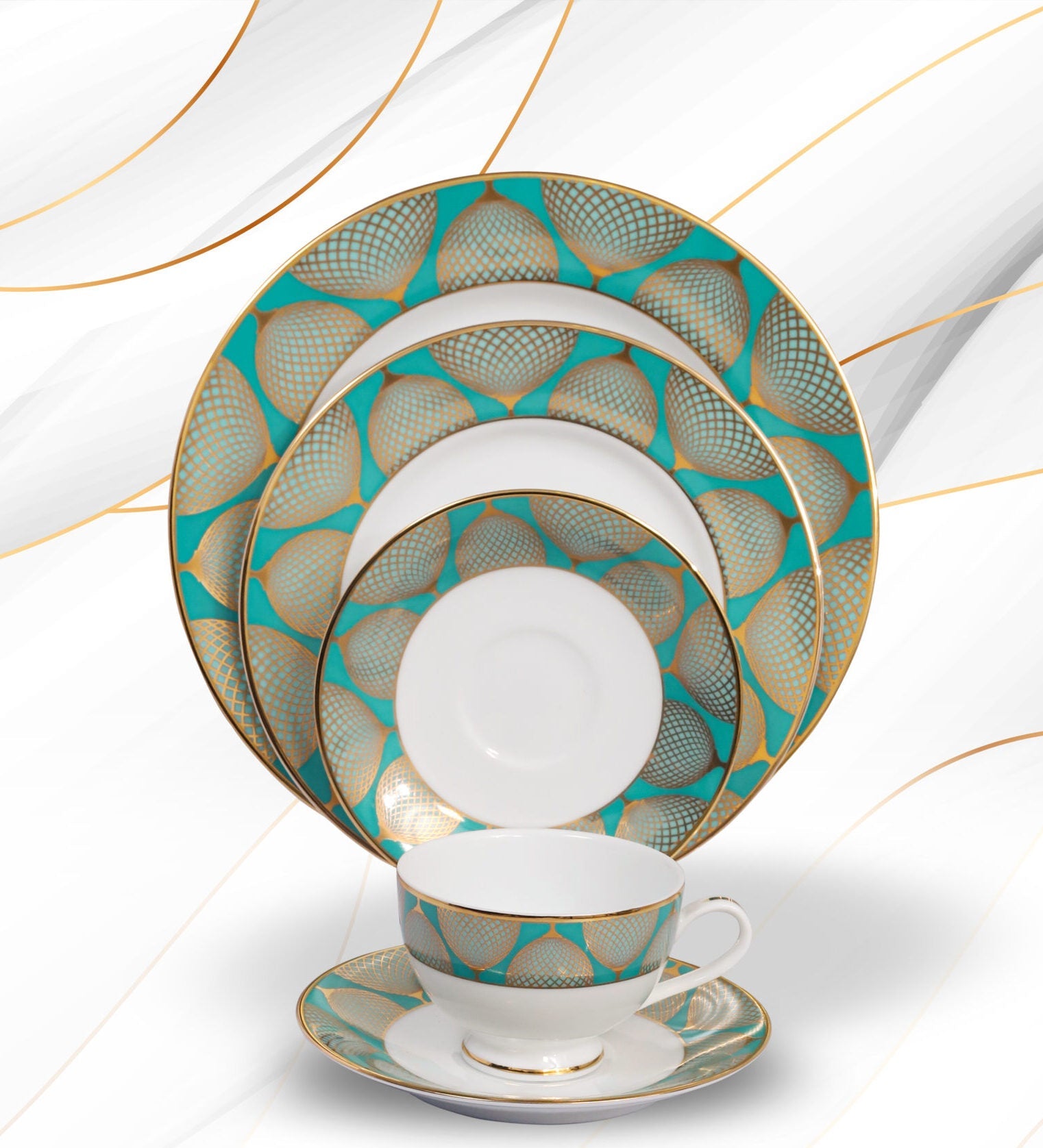 Azure By Dankotuwa Neon Tepal 21-Piece Porcelain Dinner Set - Gold Lining