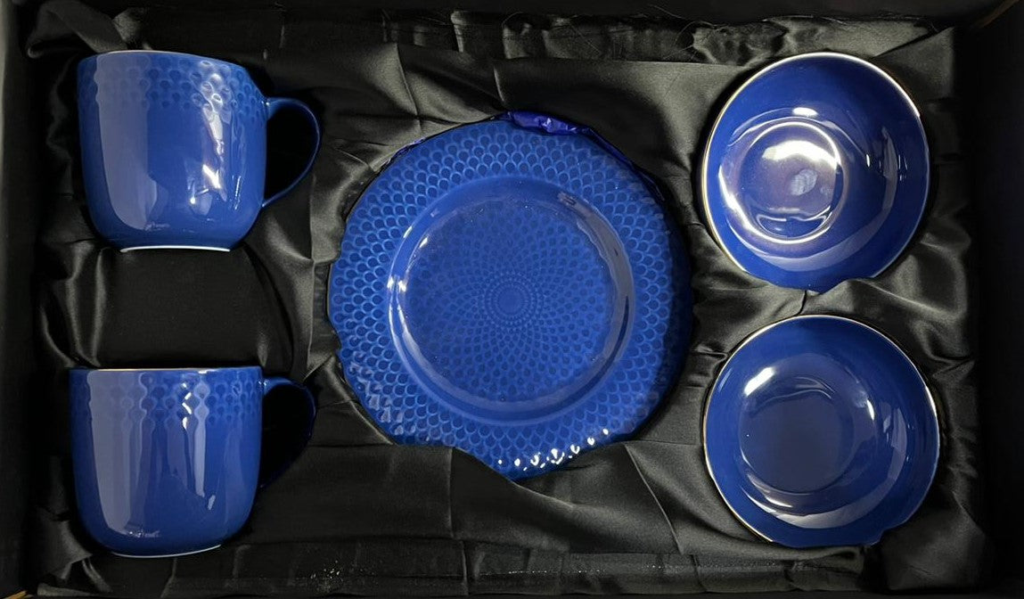 Dankotuwa Glazed 6-Piece Water Drop Dark Blue Snack Gift Set with Gold Lining