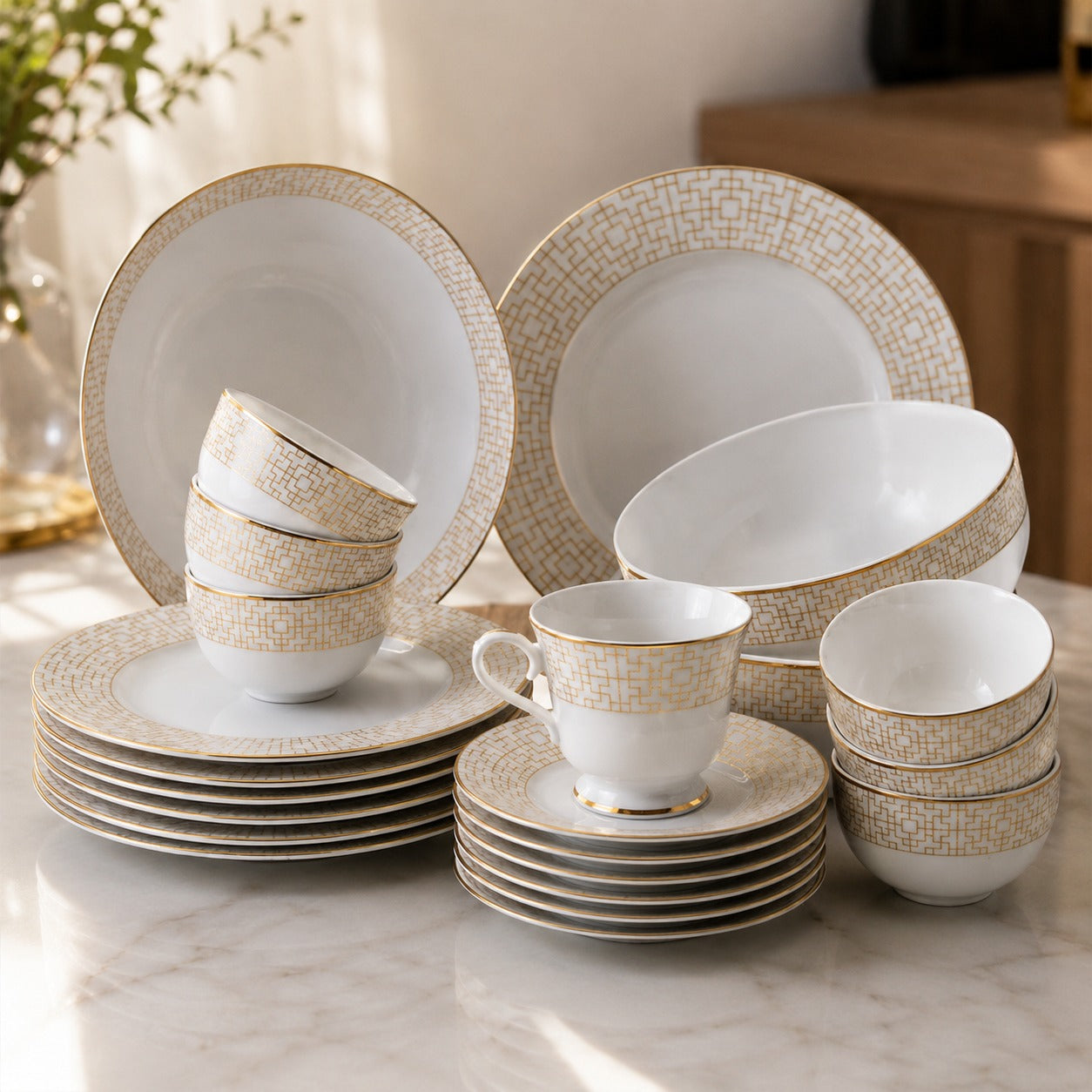 Azure By Dankotuwa Dimension 21-Piece Porcelain Dinner Set - Gold Lining