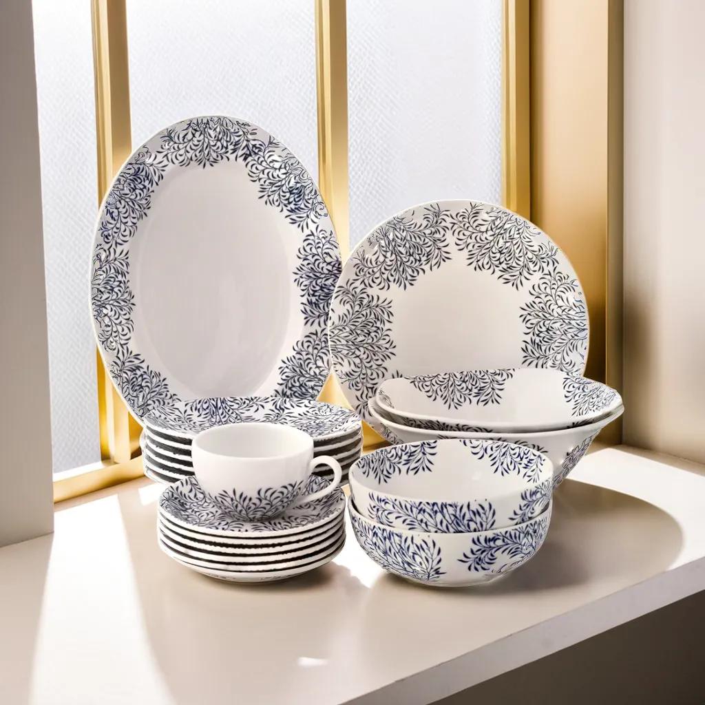 Azure By Dankotuwa Blue Leaf 15-Piece Porcelain Dinner Set