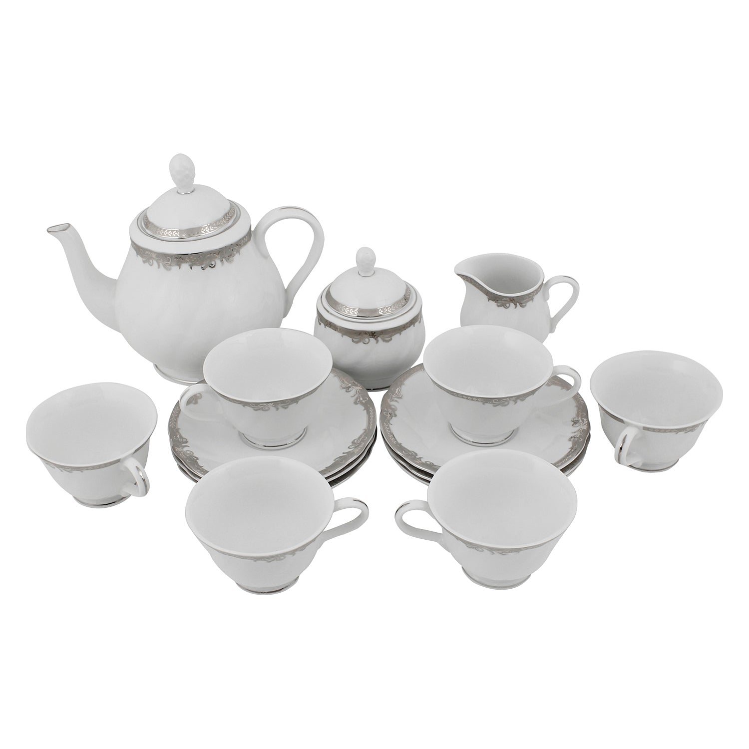 17-Piece Tea Set - Platinum Trim - Contemporary Formal Tea Service - Premium Porcelain