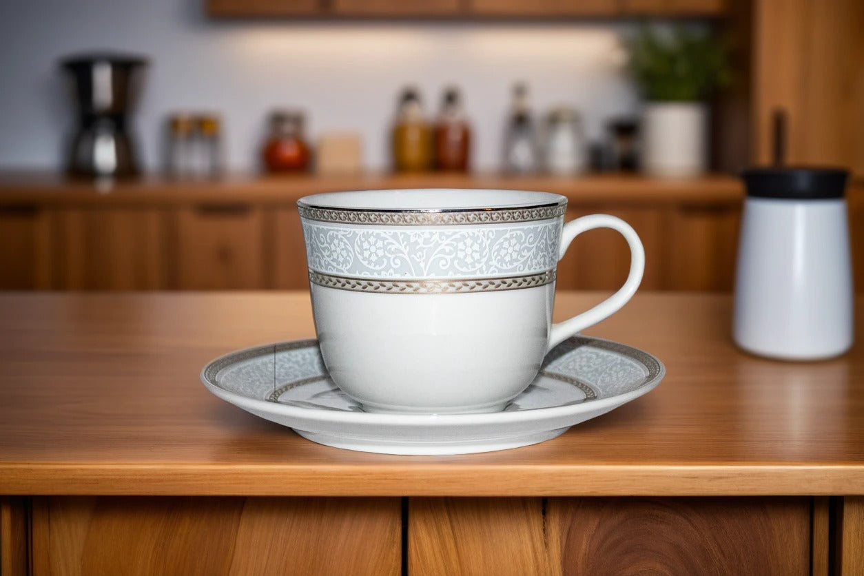 Azure Celestial Silver Lace 12-Piece Premium Porcelain Cup & Saucer Set –  Platinum Lining