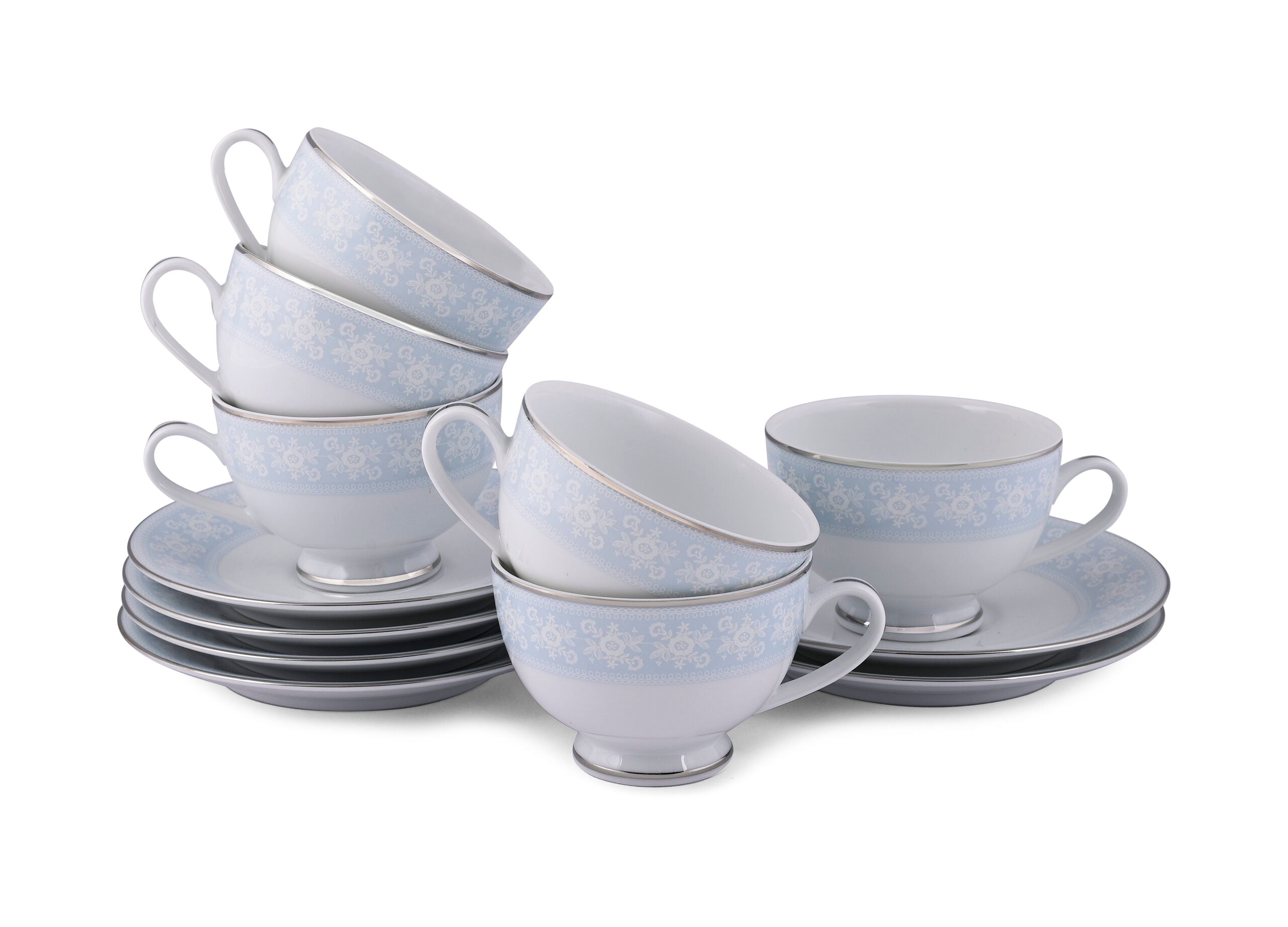 Dankotuwa Pizzi Marlette 12-Piece Premium Porcelain Cup and Saucer Set - Platinum Lining