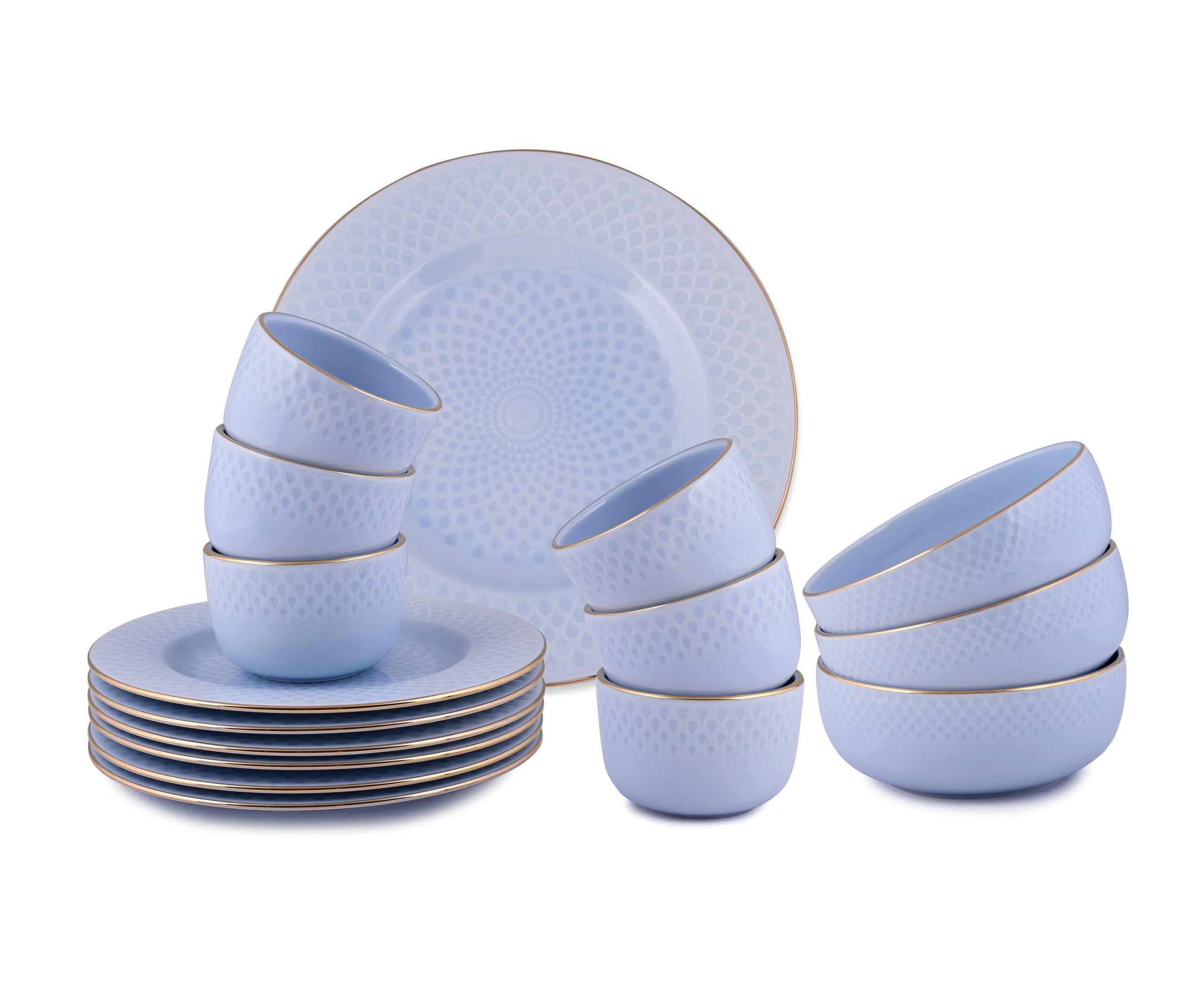 Azure By Dankotuwa Water Drop Blue 21-Piece Porcelain Dinner Set - Gold Lining