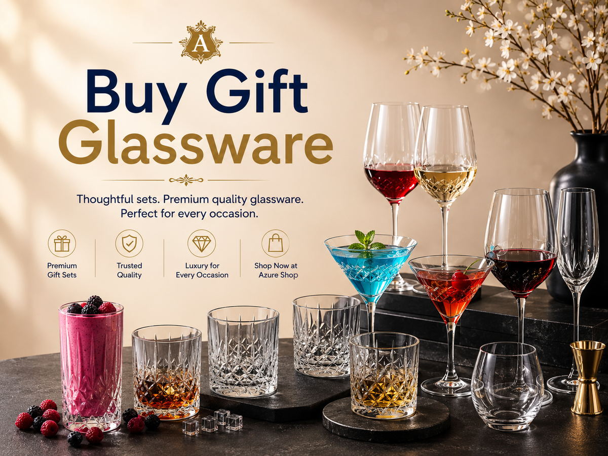 The Azure Collection luxury glassware gifting collection featuring crystal-style tumblers, wine glasses, cocktail glasses, and premium drinkware, elegantly displayed for wedding, housewarming, and festive gifting.