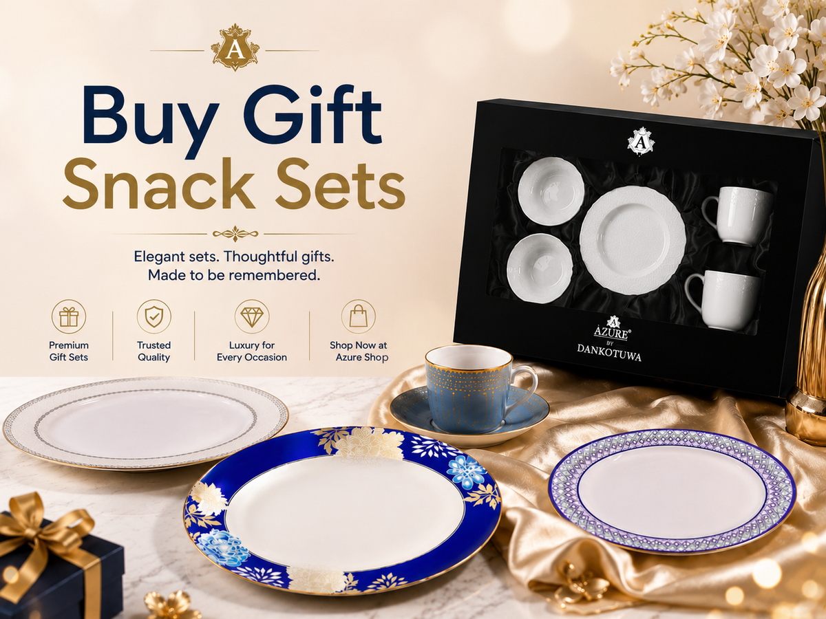 The Azure Collection premium porcelain snack gift sets featuring elegant blue and gold plates, teacups, and a luxury gift box, perfect for weddings, housewarming, and festive gifting.