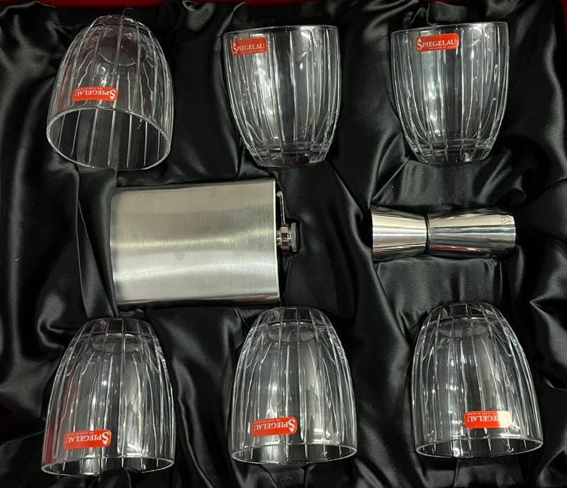 Milano Tumbler Gift Set – 6 Crystal Glasses, 1 Flask & 1 Peg Measurer | 319ml