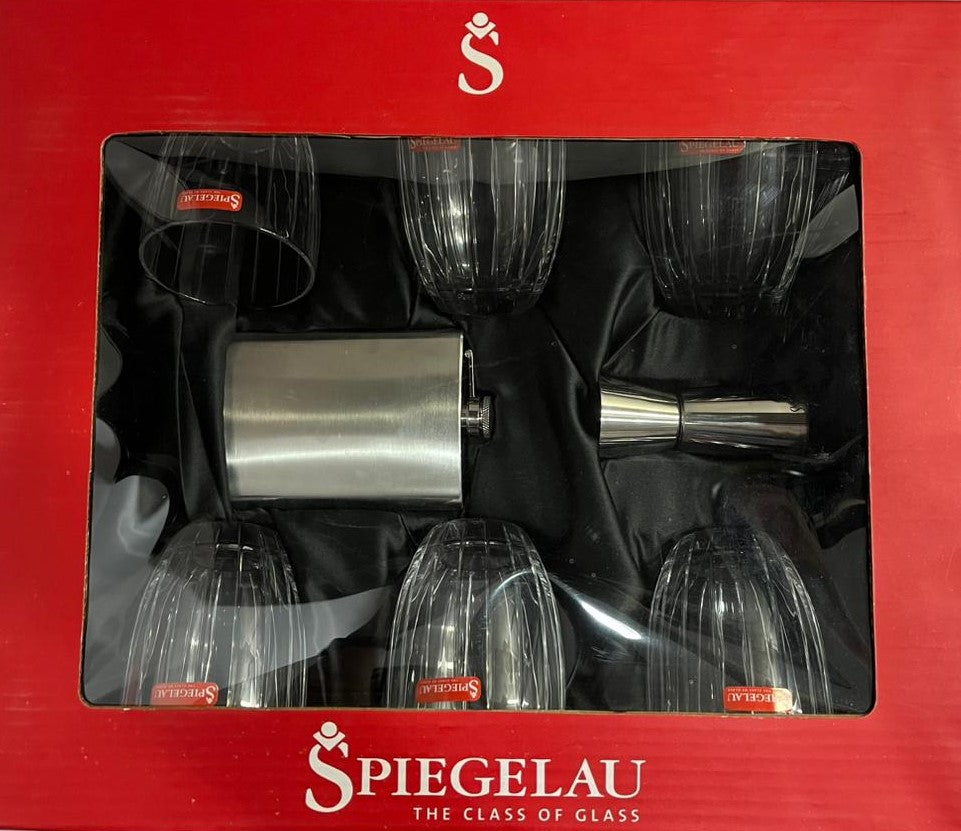 Milano Tumbler Gift Set – 6 Crystal Glasses, 1 Flask & 1 Peg Measurer | 319ml