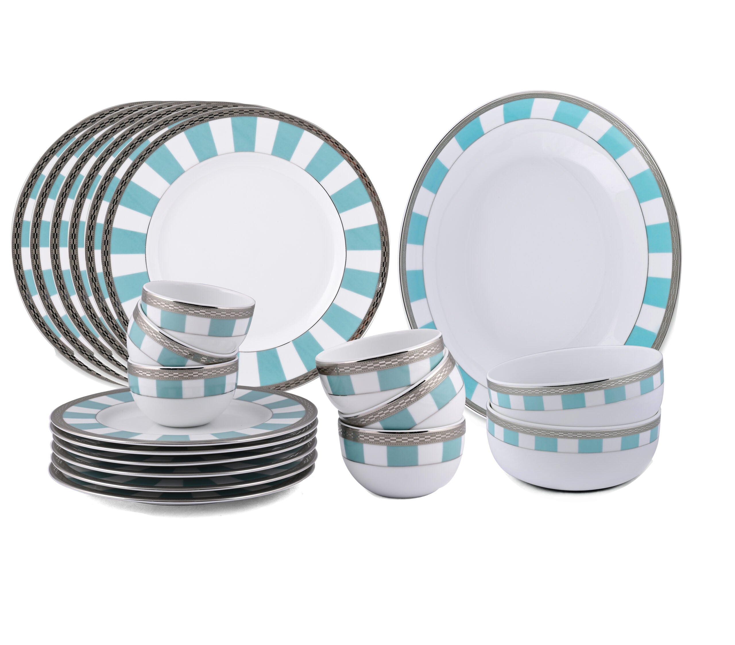 Azure By Dankotuwa Teal Matiz Green 21-Piece Porcelain Dinner Set - Platinum Lining