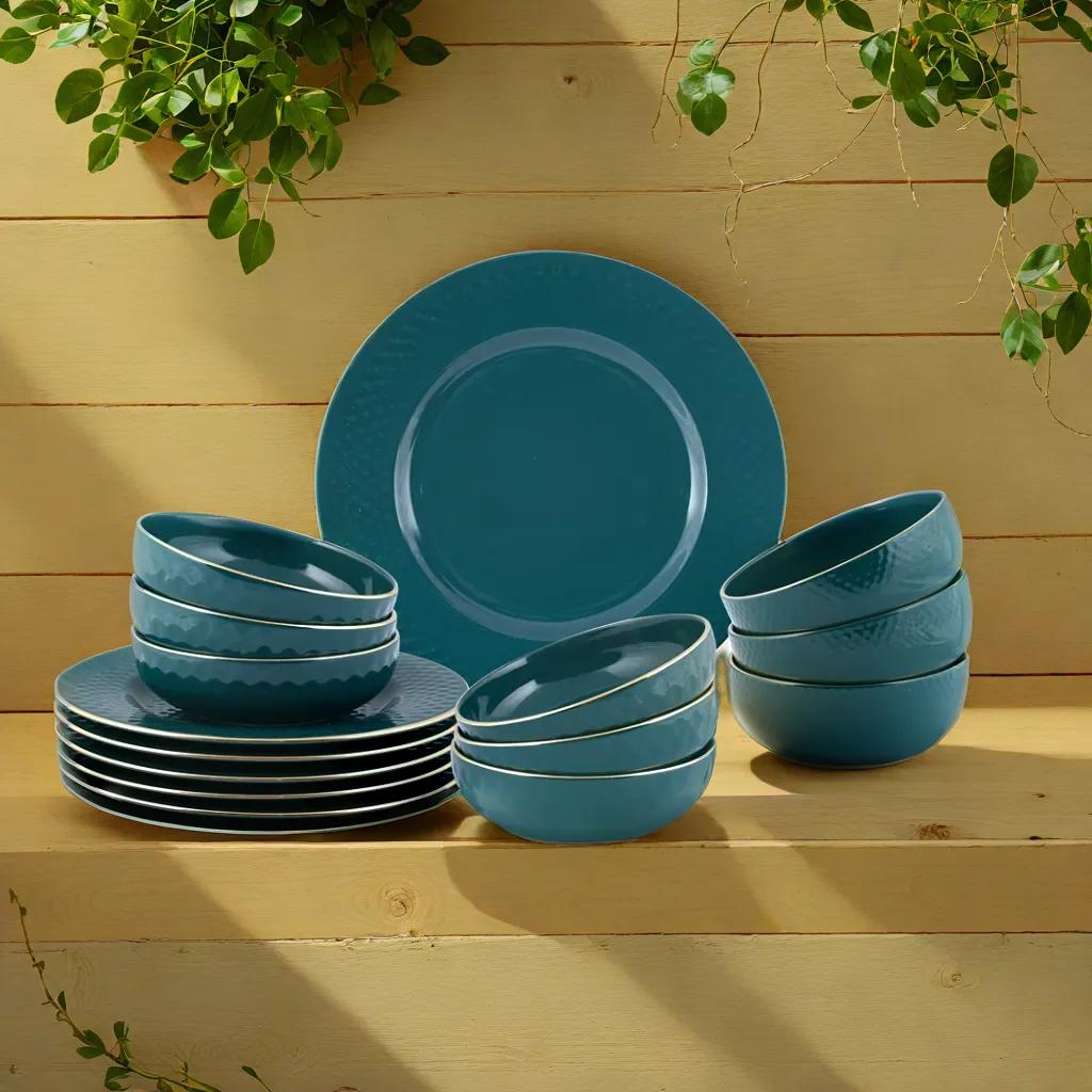 Azure By Dankotuwa Water Drop Dark Green 21-Piece Porcelain Dinner Set - Gold Lining
