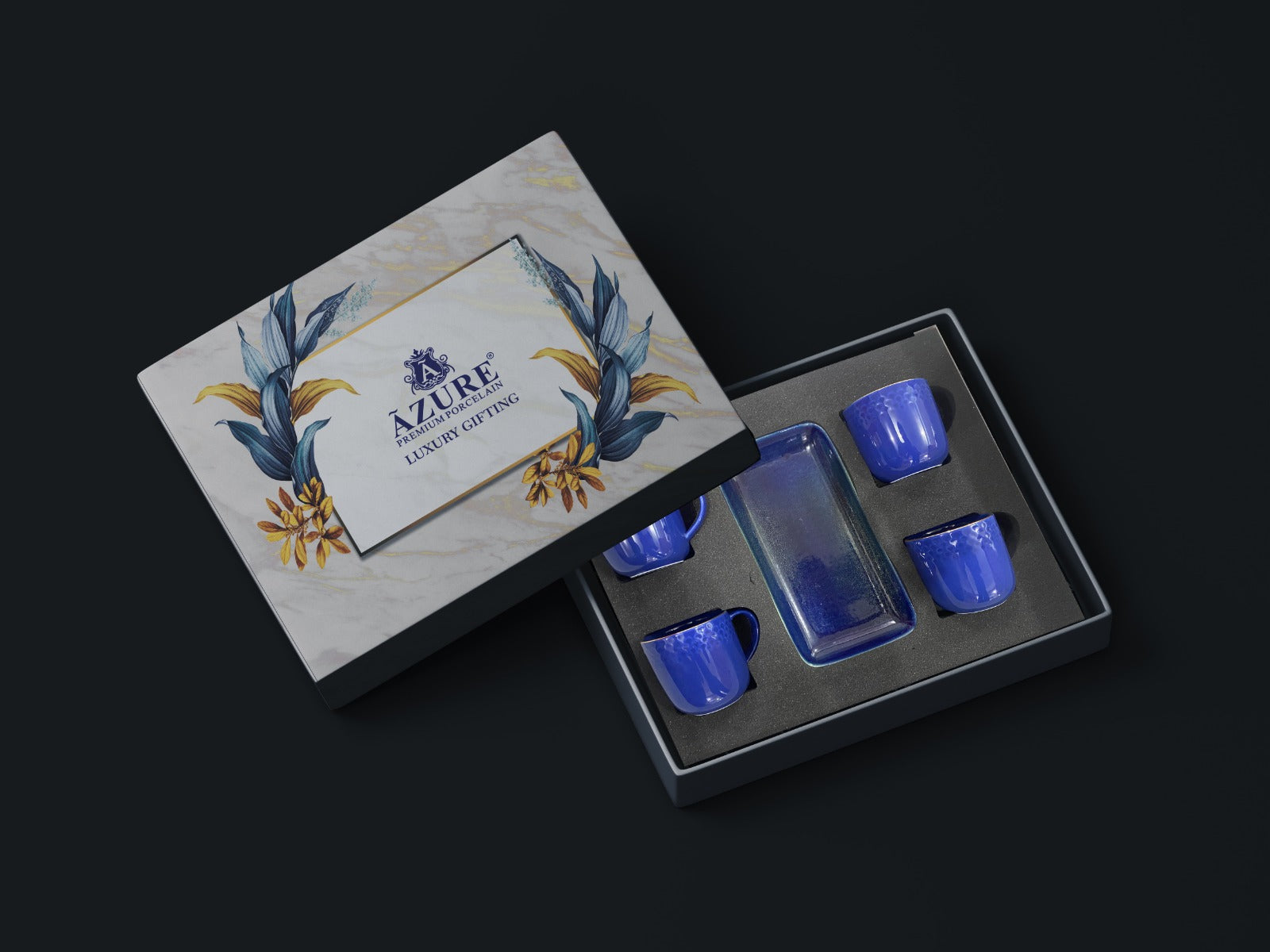 Azure by Dankotuwa Dark Blue Sip and Snack Set – 5 Piece Gold Porcelain Set