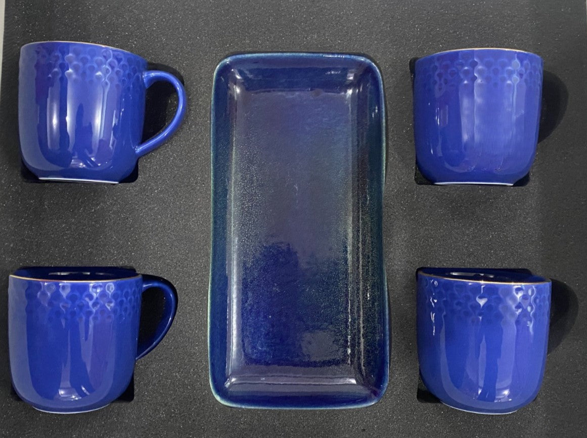 Azure by Dankotuwa Dark Blue Sip and Snack Set – 5 Piece Gold Porcelain Set