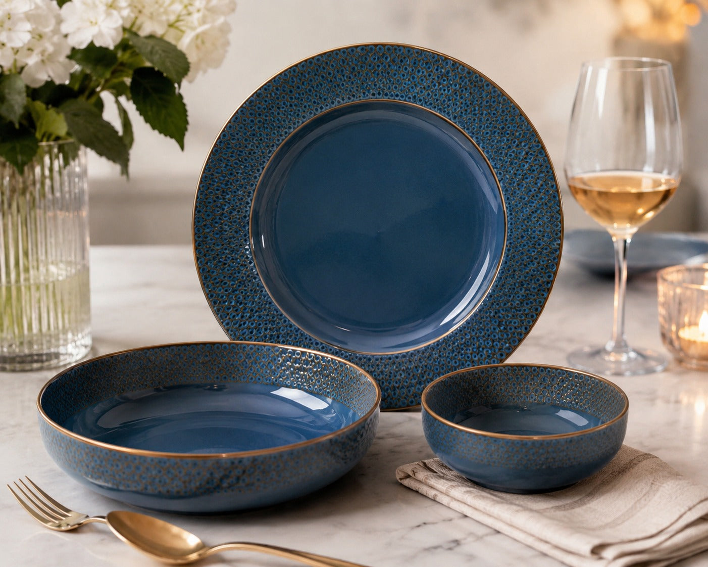 Azure By Dankotuwa Water Drop Reactive Blue 21-Piece Porcelain Dinner Set