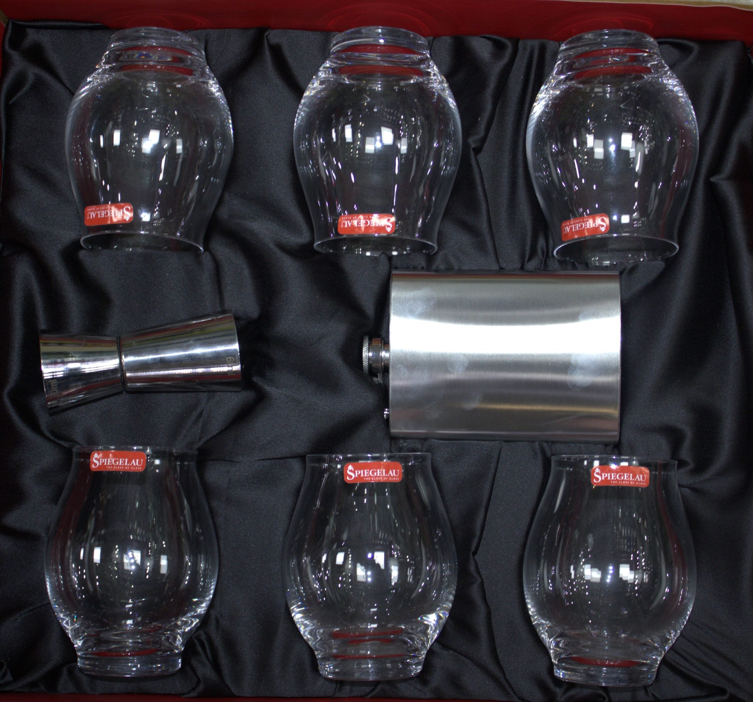 Multi-Purpose Tumbler Oslo Gift Set – 6 Crystal Glasses, 1 Flask & 1 Peg Measurer | 340ml