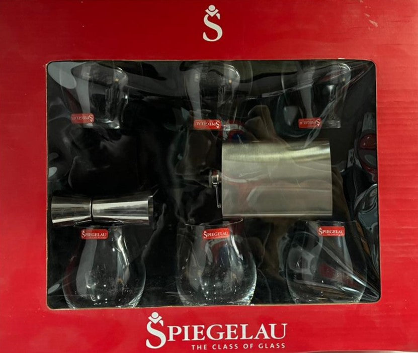Multi-Purpose Tumbler Oslo Gift Set – 6 Crystal Glasses, 1 Flask & 1 Peg Measurer | 340ml