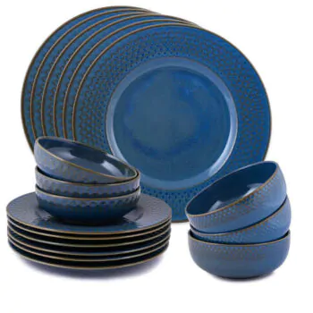 Dankotuwa Water Drop Reactive Blue 21-Piece Porcelain Dinner Set - Gold Edition
