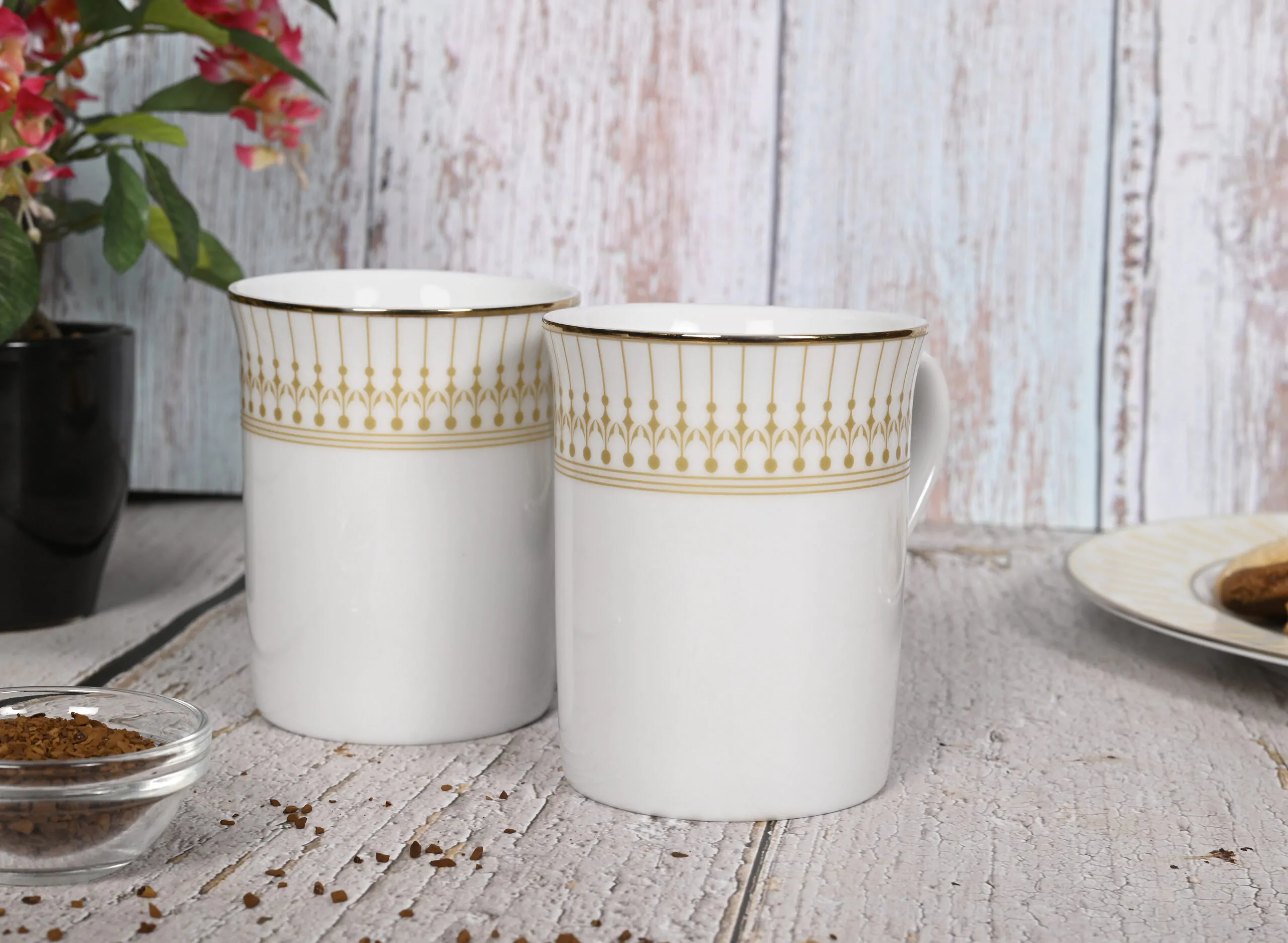 Dankotuwa Rasalas Coffee Mug Set (2pc) - Royal Fernwood Porcelain Mugs - Gold Rim
