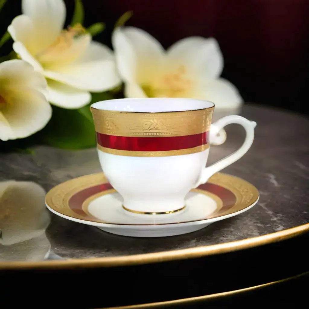 Dankotuwa Wine Laurel Red 12-Piece Porcelain Cup & Saucer Set – Gold Lining